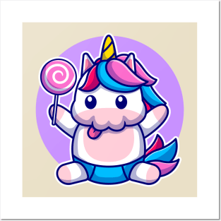 Cute Baby Unicorn Holding Candy Cartoon Posters and Art